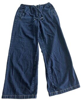 Zara Womens LG Wide Leg Pull on Jeans Drawstring Dark Denim Pockets